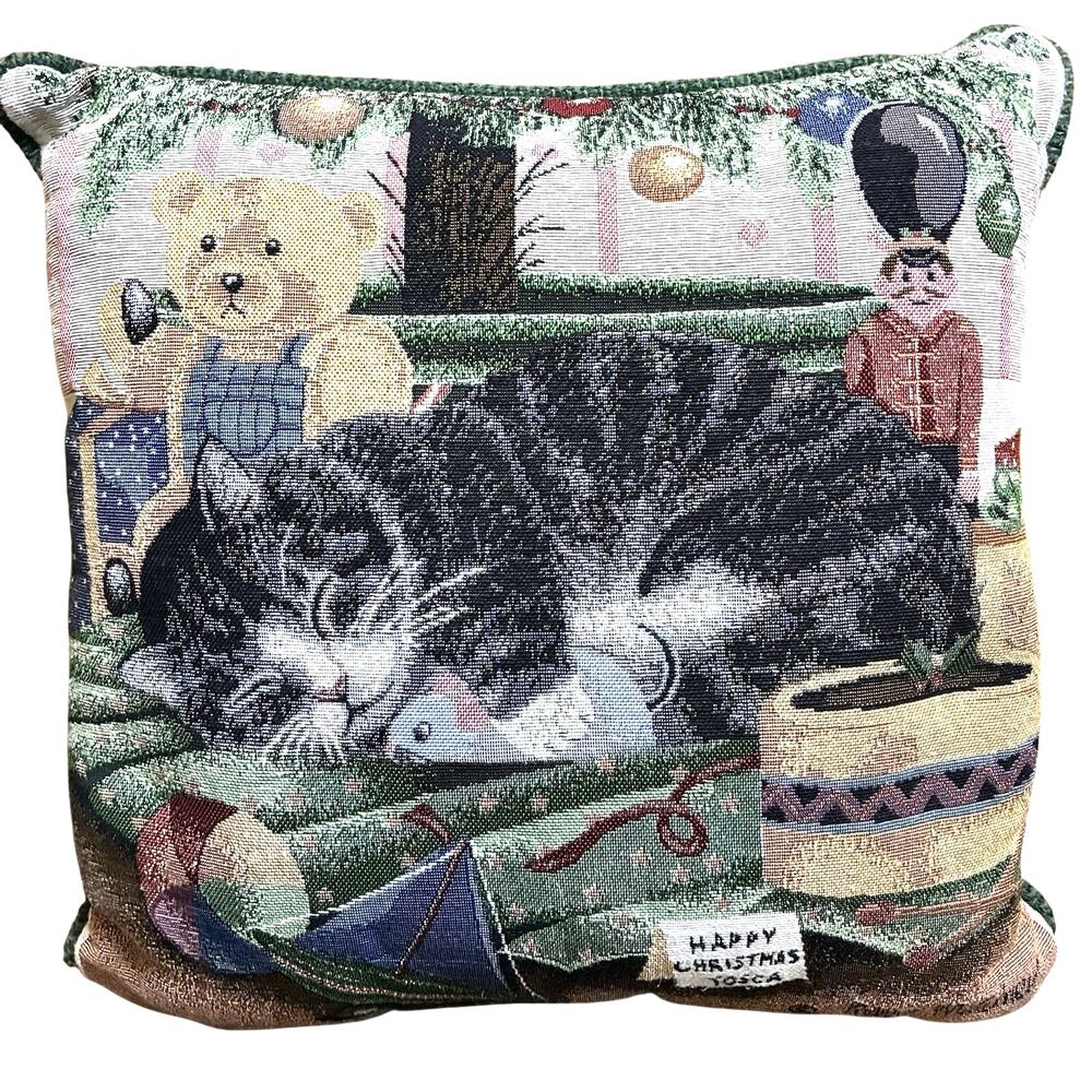 Holiday Sleepy Cat Kitty Teddy Nutcraker Christmas Grn Tweed Bkg Anne Mortimer
